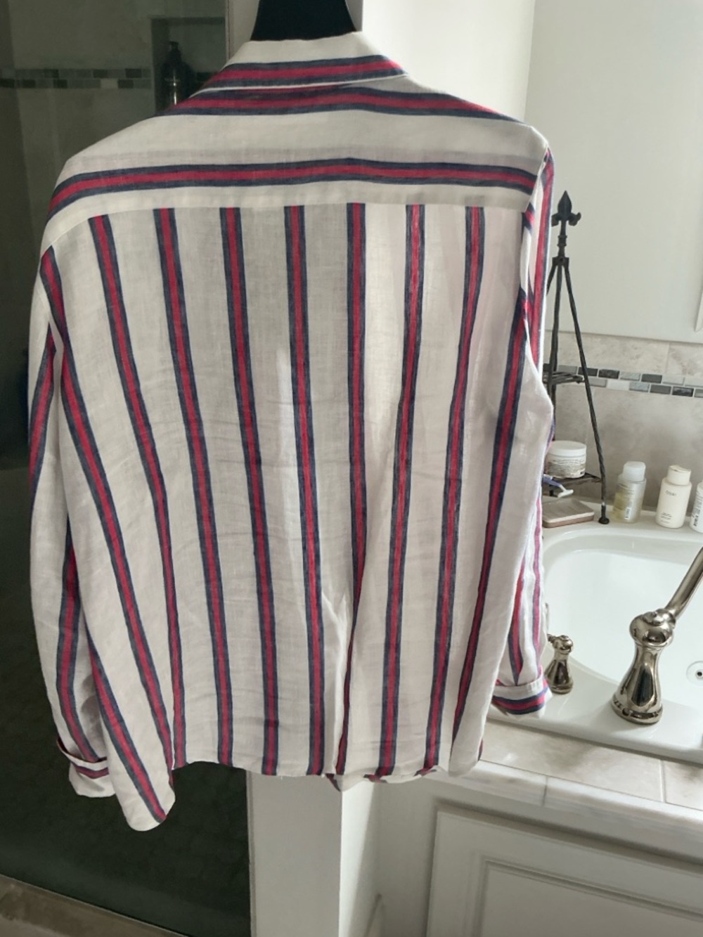 Frank & Eileen Women’s White Shirt with Red and Blue Vertical Stripes - Picture 2 of 2